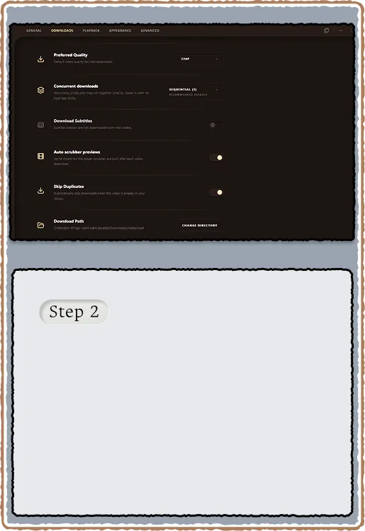 Settings Downloads tab with yt-dlp update and preview toggles