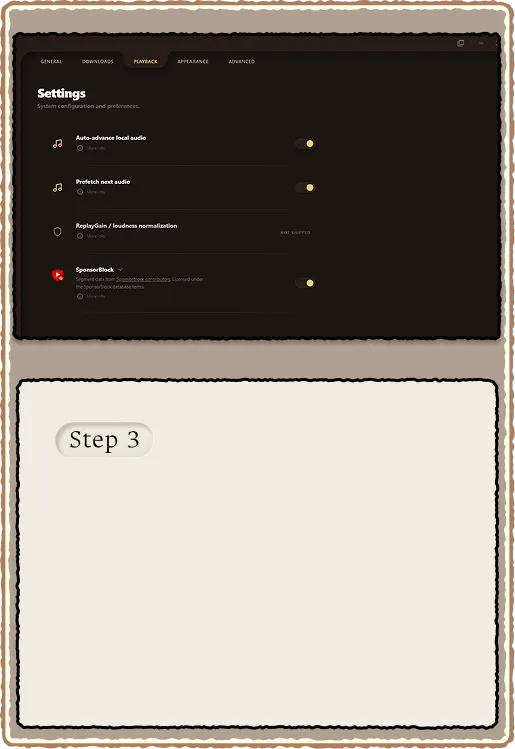 Settings Playback tab with SponsorBlock category tree