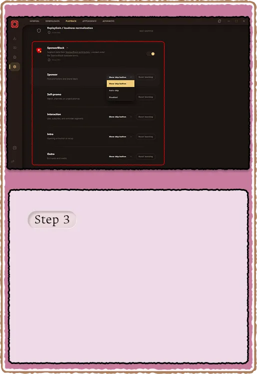 SponsorBlock settings tree with per-category toggles